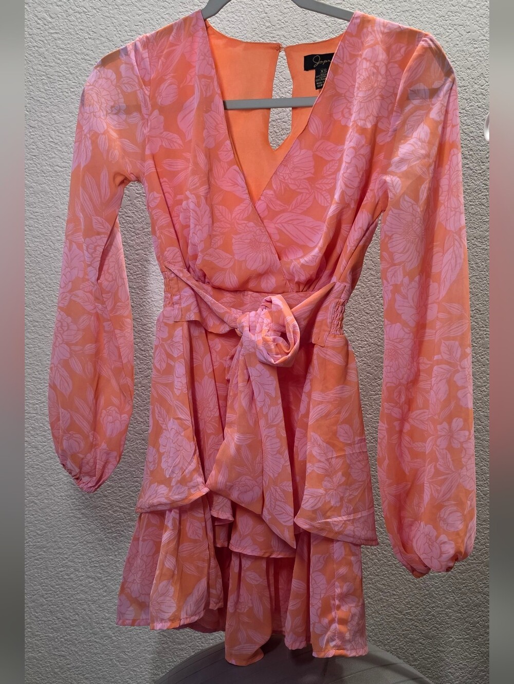 Japna Pink & Orange Floral Wrap Ruffle Long Sleeve Dress